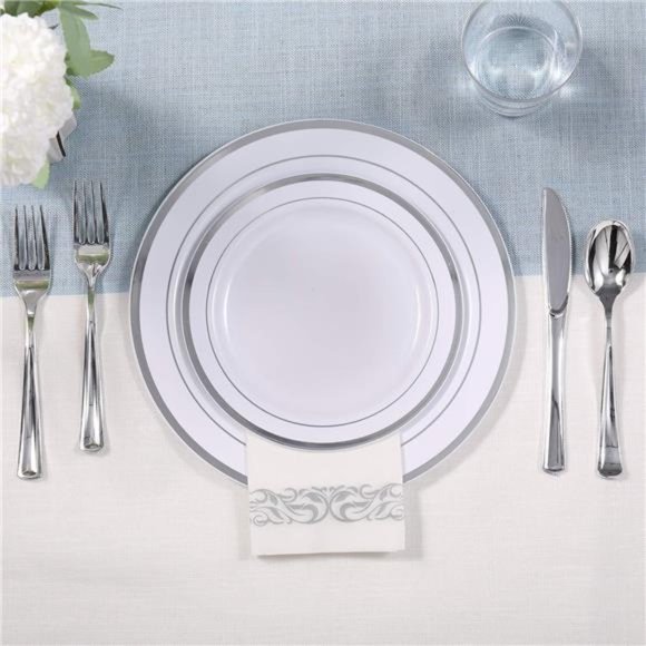 175pcs Silver Dinnerware Set for 25 Guests,Silver Rim Plastic Plates Disposable - Picture 5 of 7
